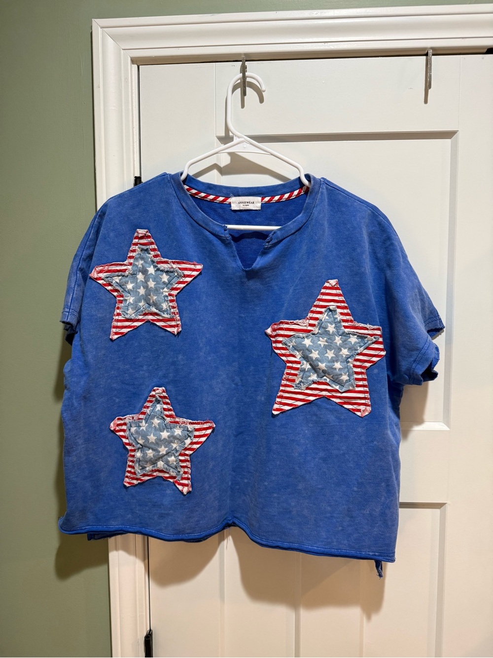 Annie Blue Tee with Red, White & Blue Star Appliqués - Picture 1 of 4
